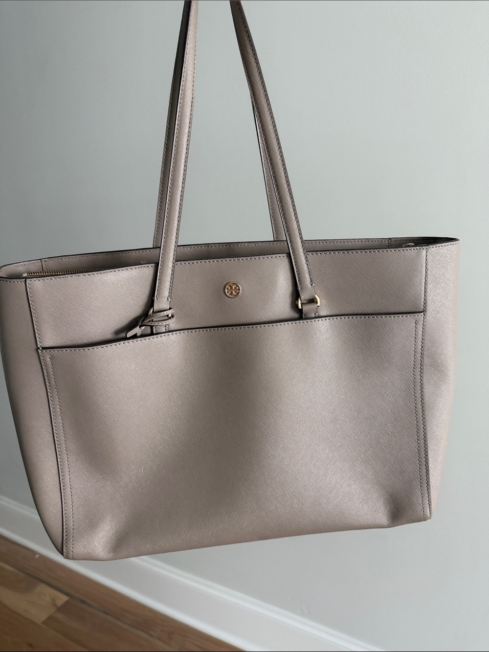 Tory Burch Light Taupe Leather Tote with Exterior Pocket
